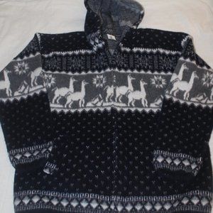 Hooded Zipped Vintage Andes Artesania Ecuador Large Llama Jacket Navy & White